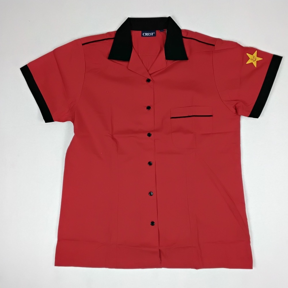 Crest Red Black Button Front Shirt Carls Jr Uniform Star Logo Medium